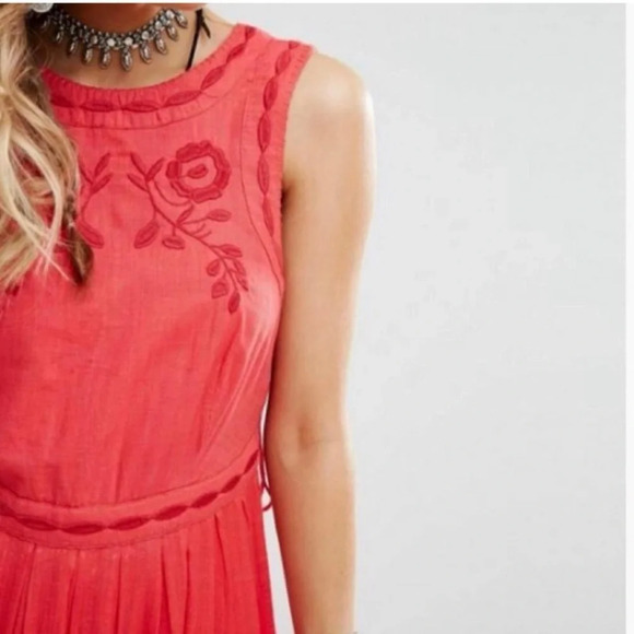 Free People Birds Of A Feather Coral Red Embroidered Sleveless Mini Dres… - Picture 4 of 16